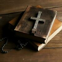 Close up of a holy bible and christian cross on wooden table. Happy good friday or religion concept by AI Generated photo