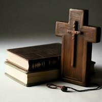 Close up of a holy bible and christian cross on wooden table. Happy good friday or religion concept by AI Generated photo