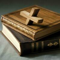 Close up of a holy bible and christian cross on wooden table. Happy good friday or religion concept by AI Generated photo