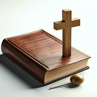 Close up of a holy bible and christian cross on wooden table. Happy good friday or religion concept by AI Generated photo