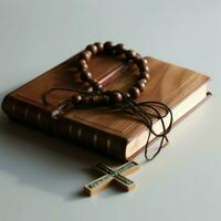 Close up of a holy bible and christian cross on wooden table. Happy good friday or religion concept by AI Generated photo