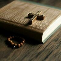 Close up of a holy bible and christian cross on wooden table. Happy good friday or religion concept by AI Generated photo