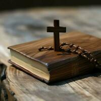 Close up of a holy bible and christian cross on wooden table. Happy good friday or religion concept by AI Generated photo