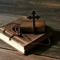 Close up of a holy bible and christian cross on wooden table. Happy good friday or religion concept by AI Generated photo