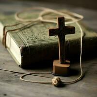 cerca arriba de un santo Biblia y cristiano cruzar en de madera mesa. contento bueno viernes o religión concepto por ai generado foto