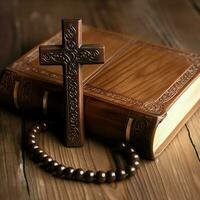 Close up of a holy bible and christian cross on wooden table. Happy good friday or religion concept by AI Generated photo