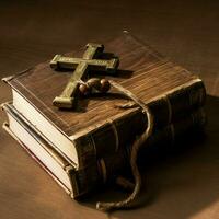 Close up of a holy bible and christian cross on wooden table. Happy good friday or religion concept by AI Generated photo