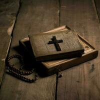 Close up of a holy bible and christian cross on wooden table. Happy good friday or religion concept by AI Generated photo