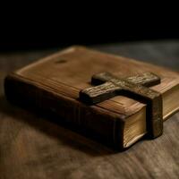 Close up of a holy bible and christian cross on wooden table. Happy good friday or religion concept by AI Generated photo