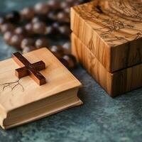 cerca arriba de un santo Biblia y cristiano cruzar en de madera mesa. contento bueno viernes o religión concepto por ai generado foto