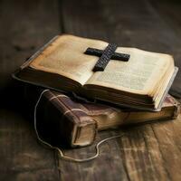 Close up of a holy bible and christian cross on wooden table. Happy good friday or religion concept by AI Generated photo