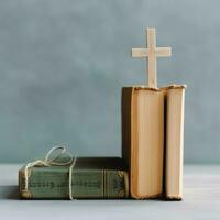 Close up of a holy bible and christian cross on wooden table. Happy good friday or religion concept by AI Generated photo