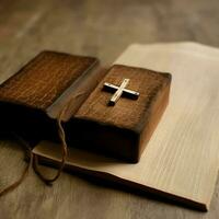 Close up of a holy bible and christian cross on wooden table. Happy good friday or religion concept by AI Generated photo