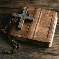 Close up of a holy bible and christian cross on wooden table. Happy good friday or religion concept by AI Generated photo