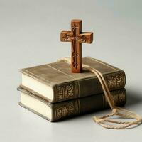 Close up of a holy bible and christian cross on wooden table. Happy good friday or religion concept by AI Generated photo