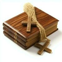 Close up of a holy bible and christian cross on wooden table. Happy good friday or religion concept by AI Generated photo