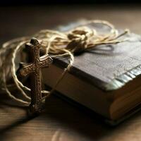 Close up of a holy bible and christian cross on wooden table. Happy good friday or religion concept by AI Generated photo