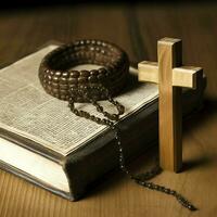 Close up of a holy bible and christian cross on wooden table. Happy good friday or religion concept by AI Generated photo