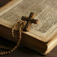 Close up of a holy bible and christian cross on wooden table. Happy good friday or religion concept by AI Generated photo