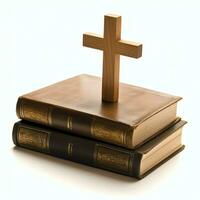 Close up of a holy bible and christian cross on wooden table. Happy good friday or religion concept by AI Generated photo