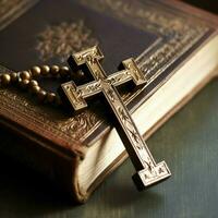 Close up of a holy bible and christian cross on wooden table. Happy good friday or religion concept by AI Generated photo