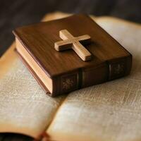 Close up of a holy bible and christian cross on wooden table. Happy good friday or religion concept by AI Generated photo