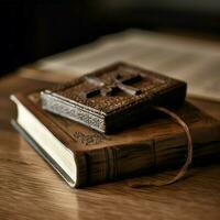 Close up of a holy bible and christian cross on wooden table. Happy good friday or religion concept by AI Generated photo