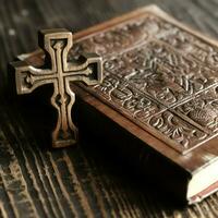 Close up of a holy bible and christian cross on wooden table. Happy good friday or religion concept by AI Generated photo