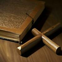 Close up of a holy bible and christian cross on wooden table. Happy good friday or religion concept by AI Generated photo