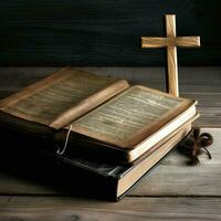 Close up of a holy bible and christian cross on wooden table. Happy good friday or religion concept by AI Generated photo