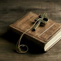 Close up of a holy bible and christian cross on wooden table. Happy good friday or religion concept by AI Generated photo