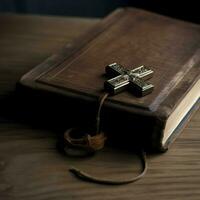 Close up of a holy bible and christian cross on wooden table. Happy good friday or religion concept by AI Generated photo