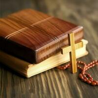 Close up of a holy bible and christian cross on wooden table. Happy good friday or religion concept by AI Generated photo