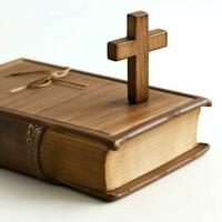 Close up of a holy bible and christian cross on wooden table. Happy good friday or religion concept by AI Generated photo