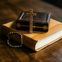 cerca arriba de un santo Biblia y cristiano cruzar en de madera mesa. contento bueno viernes o religión concepto por ai generado foto