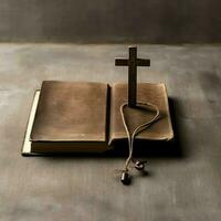 Close up of a holy bible and christian cross on wooden table. Happy good friday or religion concept by AI Generated photo