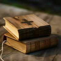 Close up of a holy bible and christian cross on wooden table. Happy good friday or religion concept by AI Generated photo