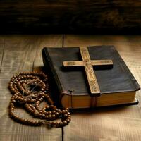 Close up of a holy bible and christian cross on wooden table. Happy good friday or religion concept by AI Generated photo