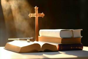 Close up of a holy bible and christian cross on wooden table. Happy good friday or religion concept by AI Generated photo