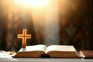 Close up of a holy bible and christian cross on wooden table. Happy good friday or religion concept by AI Generated photo