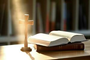 Close up of a holy bible and christian cross on wooden table. Happy good friday or religion concept by AI Generated photo