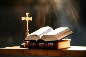 Close up of a holy bible and christian cross on wooden table. Happy good friday or religion concept by AI Generated photo