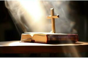 Close up of a holy bible and christian cross on wooden table. Happy good friday or religion concept by AI Generated photo