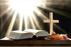 Close up of a holy bible and christian cross on wooden table. Happy good friday or religion concept by AI Generated photo