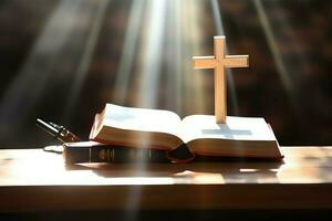 Close up of a holy bible and christian cross on wooden table. Happy good friday or religion concept by AI Generated photo