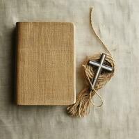 Close up of a holy bible and christian cross on wooden table. Happy good friday or religion concept by AI Generated photo