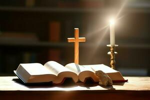 Close up of a holy bible and christian cross on wooden table. Happy good friday or religion concept by AI Generated photo