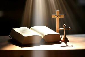 Close up of a holy bible and christian cross on wooden table. Happy good friday or religion concept by AI Generated photo