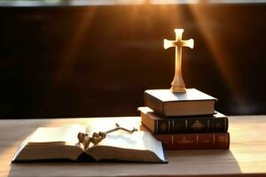 cerca arriba de un santo Biblia y cristiano cruzar en de madera mesa. contento bueno viernes o religión concepto por ai generado foto