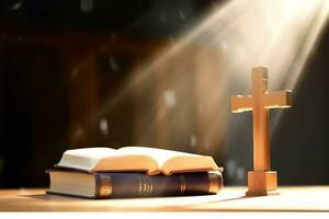 Close up of a holy bible and christian cross on wooden table. Happy good friday or religion concept by AI Generated photo